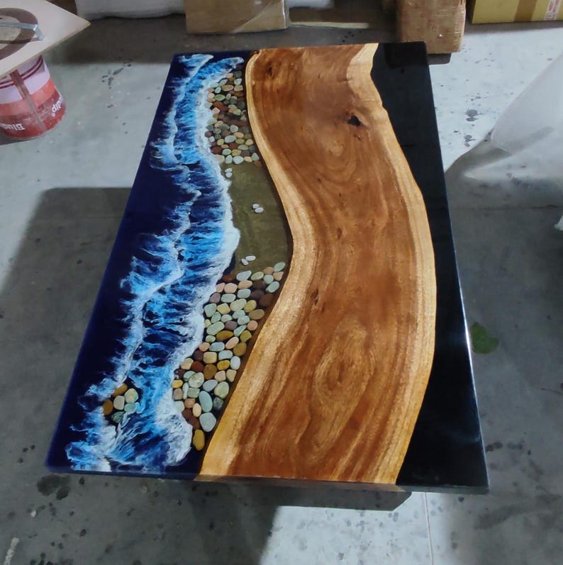 Black Epoxy Resin Coffee Table Blue Dining Tabletop Live Edge Wood and