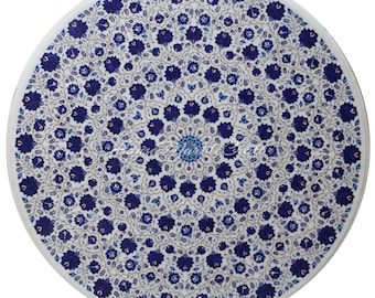 White Marble Table Top with Lapis Lazuli Floral Inlay (30"x30")