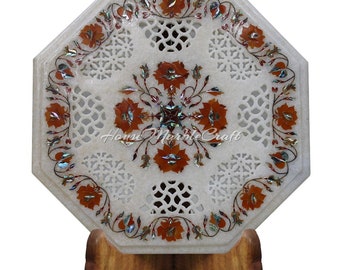 Carrara Marmor Couchtisch mit Pietra Dura Inlay, 30,5 cm Achteck