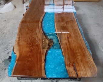 Sky blue epoxy river table live edge resin tabletop custom epoxy table translucent textured epoxy river table for home counter top dining