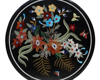 Black Marble Coffee Table Top with Floral Stone Inlay