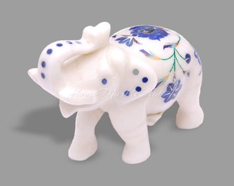Handmade White Marble Elephant Figurine with Semiprecious Stone Inlay Wall Decorative Good Luck Statue