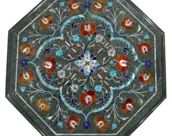 Handmade Green Marble Table Top with Gemstone Inlay, 12 Inch
