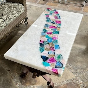 White Agate Tabletop Natural Agate Kitchen Countertop Luxury Stone Furniture and Multi Agate Pieces Centerpiece for Dining Area Center Table