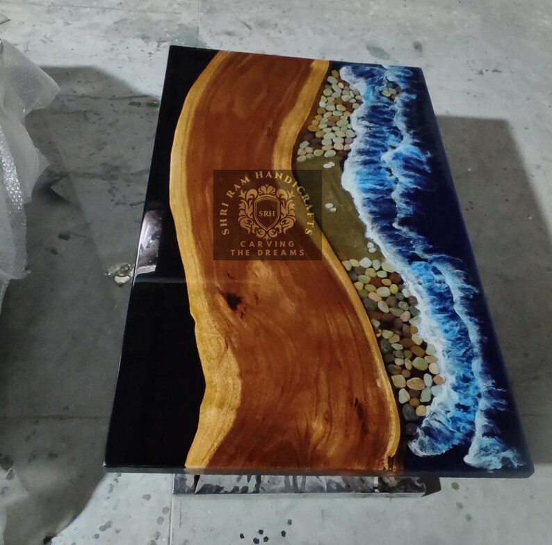 Black Epoxy Resin Coffee Table Blue Dining Tabletop Live Edge Wood and
