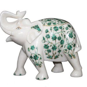 White marble inlay elephant trunk up elephant stone home handicraft elephant statue for home front pillar decor office showcase collectible