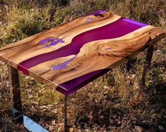 Custom Pink Epoxy Resin River Table, Live Edge Wood