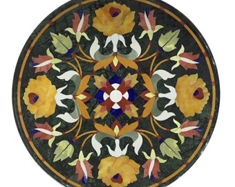 Tablero de mesa de centro de mármol verde: incrustaciones de piedras preciosas en mosaico, decoración artesanal de 30 cm