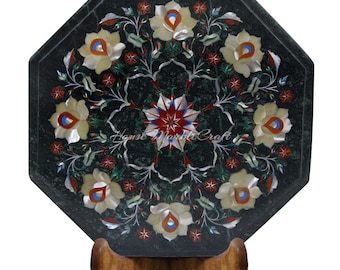 Handmade Green Marble End Table, Mother of Pearl Inlay, 12" Octagon