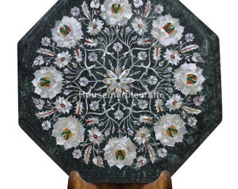 Octagonal Green Marble Table Top with Semi Precious Stone Inlay