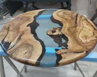 Round Live Edge Wood Coffee Table, Blue Epoxy Resin River Table