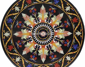 36" Black Marble Table Top, Gemstone Inlay, Handmade Mosaic