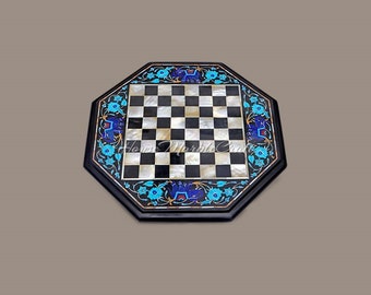 Black Marble Inlay Chess Board: Octagon Table Top, Gemstone Marquetry Art