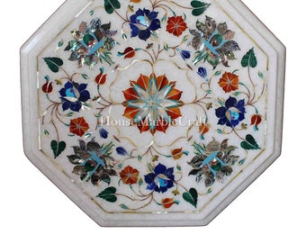 12" White Marble Inlay Tabletop, Lapis Lazuli & Paua Shell