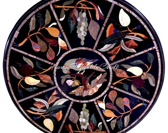 48" Black Marble Coffee Table Top, Gemstone Inlay, Handmade