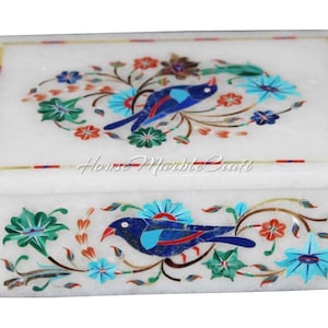 White Marble Inlay Jewelry Box Parrot Floral Semi Precious Stone Keepsake Box White Marble Bracelet Ring Trinket Holder Box Collectible Gift