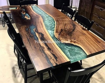 Green Epoxy Resin River Table, Live Edge Wood, Handmade
