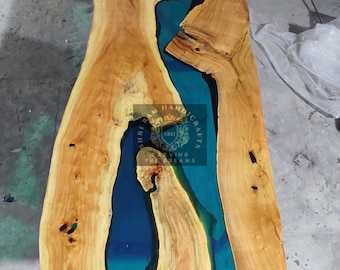 Blue Epoxy River Dining Table, Live Edge Wood, Custom Desk