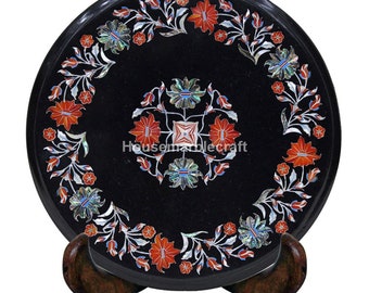 Mesa auxiliar redonda de 30 x 30 cm con incrustaciones de mármol negro