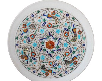 15" Inches Marble Inlay Plate Multi Color Gemstone Inlaid Work Wall Plate with Pietra Dura Art from Indian Vintage Crafts