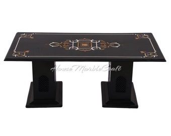 Handmade Black Marble Coffee Table Inlay with Gemstones (24"x48")