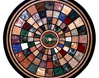 Black Marble Coffee Table Top, Pietra Dura Gemstone Inlay (32")