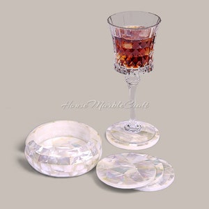 Mother of pearl  White Marble Inlay Coaster Set Handmade white marble coasters, art home decor round coasters, home gift