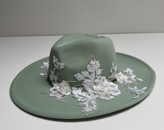 Bohemian Bridal Hat in Green with Delicate Floral Accents wedding accessory Floral green boho wedding hippie Wide brim fedora hat
