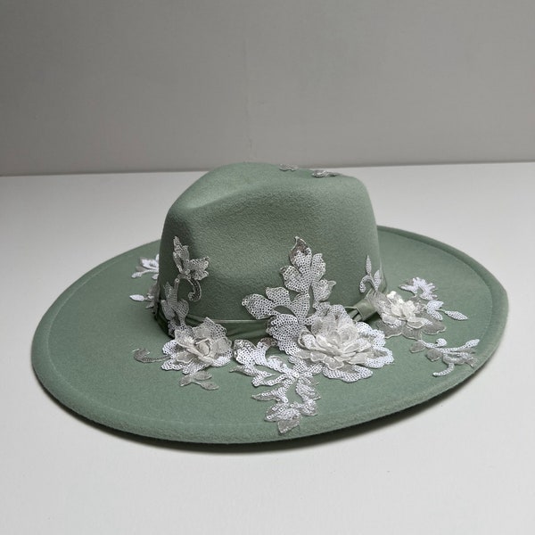 Bohemian Bridal Hat in Green with Delicate Floral Accents wedding accessory Floral green boho wedding hippie Wide brim fedora hat