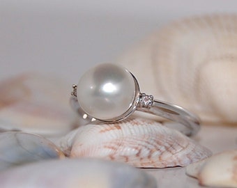 White Pearl Gold Ring, Natural White Pearl, Natural Diamond Ring, Wedding Ring, Engagement Ring, White Gold, 14K, Solid Gold