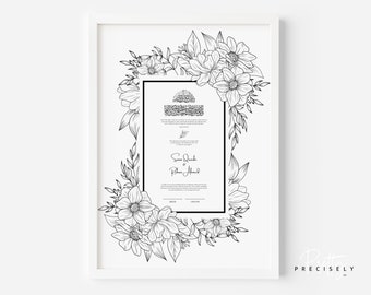 Minimal Floral Nikah Nama | Floral Outline Islamic Wedding Contract | Template | Muslim Wedding Keepsake | Printable Nikkah Contract