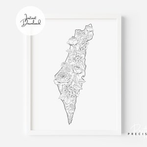 Palestine Map Art | Palestine Print | Floral Map Art | Floral Map Illustration | Art Print | Coloring Page | Instant Download | 8.5’ x 11’