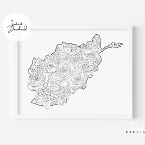 Afghanistan Karte Kunst | Afghanistan Druck | Florale Landkarte | Malvorlage | Blumen Karte Illustration | Sofort Download | 8,5 'x 11 '