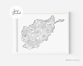 Afghanistan Map Art | Afghanistan Print | Floral Map Art | Coloring Page | Floral Map Illustration | Instant Download | 8.5’ x 11’