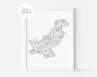 Pakistan Map Art | Pakistan Print | Floral Map Art | Art Print | Floral Map Illustration | Coloring Page | Instant Download | 8.5’ x 11’