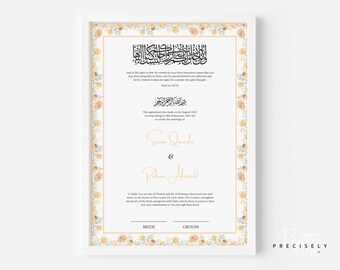 Floral Nikah Nama | Watercolor Floral Islamic Wedding Contract | Pastel Yellow | Muslim Wedding Keepsake | Printable Nikkah Contract