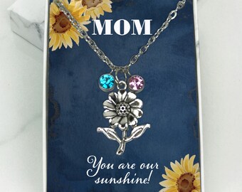 Mom Valentine's day gift, Custom Mom necklace, Mom Sunflower Necklace, from kids gift, Customizable birthstones, Easter, Sunflower necklace