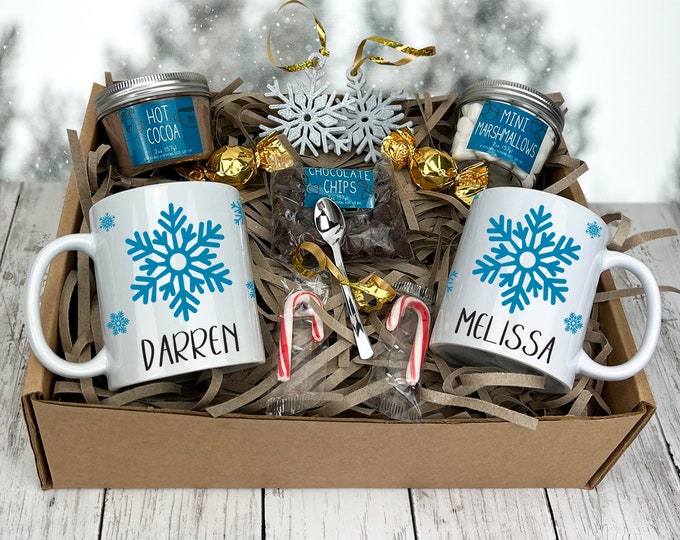 Cocoa Gift Box, Hot Chocolate Gift Box, Snowflake Christmas Mugs Custom