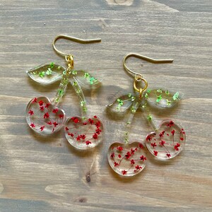 Cherry Shaped Resin Earrings - Pressed Flower Dangle Earrings - Resin Jewelry - Real Flower Jewelry - 14K Gold Earrings - 14K Gold Jewelry