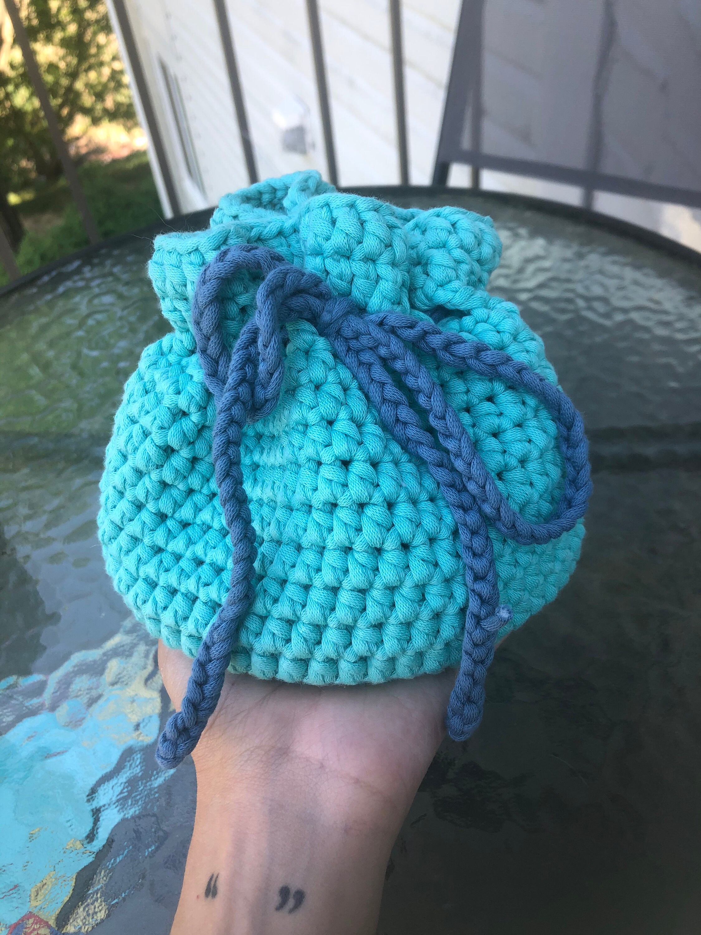 Crochet Handmade Scrunch Bag Blue Bag Drawstring Bag Gift Etsy