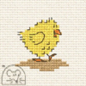 May include: A cross-stitch design of a yellow chick with an orange beak and feet, standing on a brown patch. The chick is facing right, with a heart-shaped design on its side. The background is a light beige fabric.