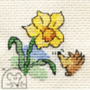 May include: A yellow daffodil with a brown and orange bird perched on a green stem. The bird is looking at the flower.