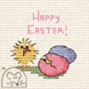 May include: A cross-stitch image saying "Happy Easter!" in pink. It shows a yellow chick, a cracked pink egg, and a small grey mouse on a light beige background. The design has a handmade, folk art style, reminiscent of traditional needlework.