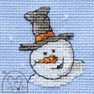 May include: A pixelated image of a smiling snowman wearing a grey top hat with an orange band. The snowman has a carrot nose and black eyes. The background is a light blue with horizontal lines.