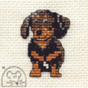May include: Pixelated image of a dachshund dog in shades of brown and black. The dog is standing upright with its ears flopped over. A small, faded illustration of a dog's head is in the lower left corner.