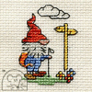 May include: A red-hatted gnome with a white beard and blue clothing stands near a yellow signpost with a single arrow pointing to the right. A white cloud is in the upper right corner of the image.