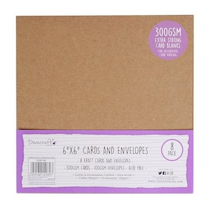May include: A package of 6" x 6" kraft cards and envelopes. The package includes 8 cards and envelopes, 300gsm cards, and 100gsm acid-free envelopes. The package has a purple label with the text "Dovecraft" and "300GSM Extra Strong Card Blanks".