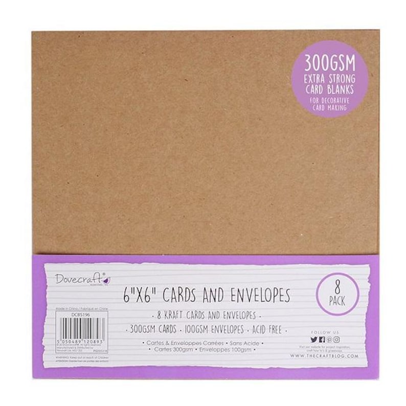 May include: A package of 6" x 6" kraft cards and envelopes. The package includes 8 cards and envelopes, 300gsm cards, and 100gsm acid-free envelopes. The package has a purple label with the text "Dovecraft" and "300GSM Extra Strong Card Blanks".