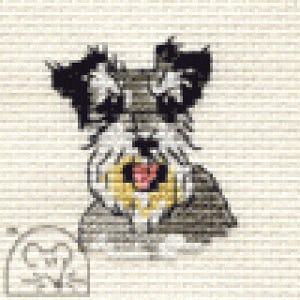 May include: A pixelated image of a Schnauzer dog with a black and grey coat, a yellow collar, and a pink tongue. The dog is set against a beige, striped background. A small, sketched image of a dog house is in the lower left corner.