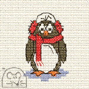 May include: A pixelated illustration of a penguin wearing a white hat, red earmuffs, and a red scarf. The penguin has a white belly, orange feet, and is standing on a blue surface. The background is a light beige brick pattern.